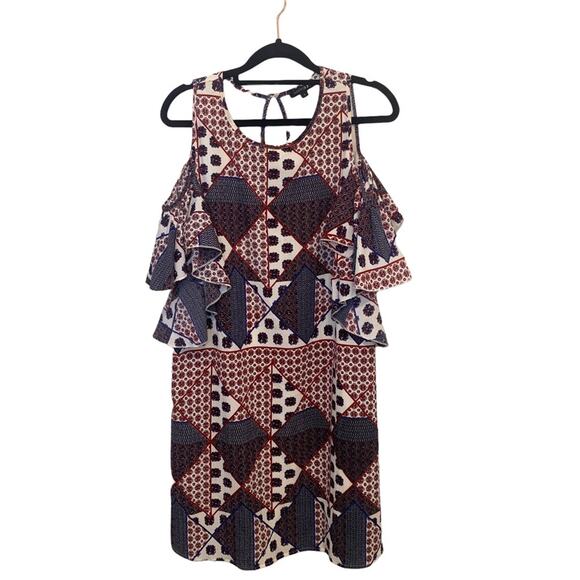 PaperMoon Patterned Cold Shoulder Ruffle Sleeve Mini Dress Large - Picture 2 of 11